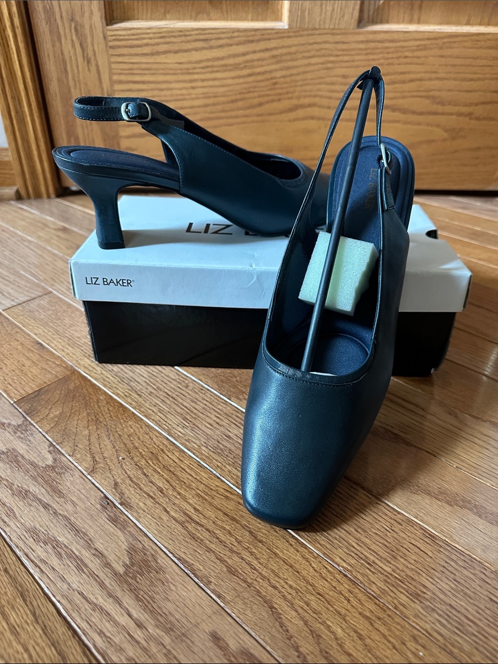 Liz Baker Navy Square-Toe Slingback Heels